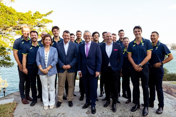 Sports Minister Anika Wells and Prime Minister Anthony Albanese with the Australian men’s cricket team at Kirribilli House in January this year.