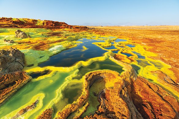 The Dallol cinder cone volcano in the Danakil Depression, the hottest place on Earth.