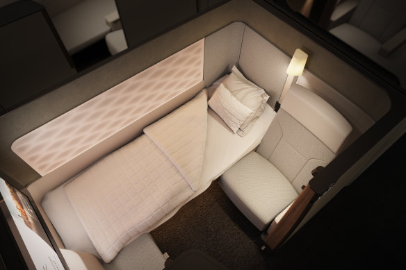 Qantas’ first-class cabins for the Project Sunrise flights will come with a 60-centimetre-wide reclining seat and separate two-metre-long bed.