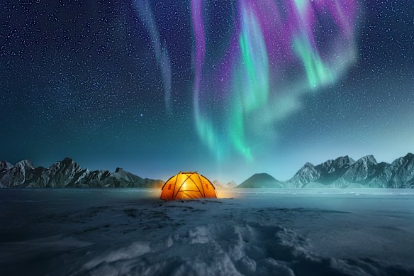 The Aurora Borealis delivers a typically spectacular light show above a lone tent pitched in the snow and ice of Nordic Europe.