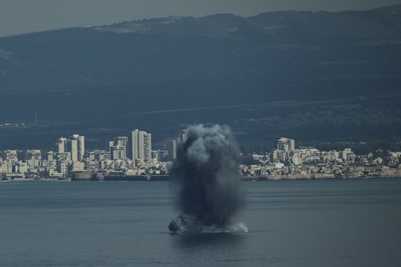 A projectile hits the water in Haifa Bay, northern Israel.