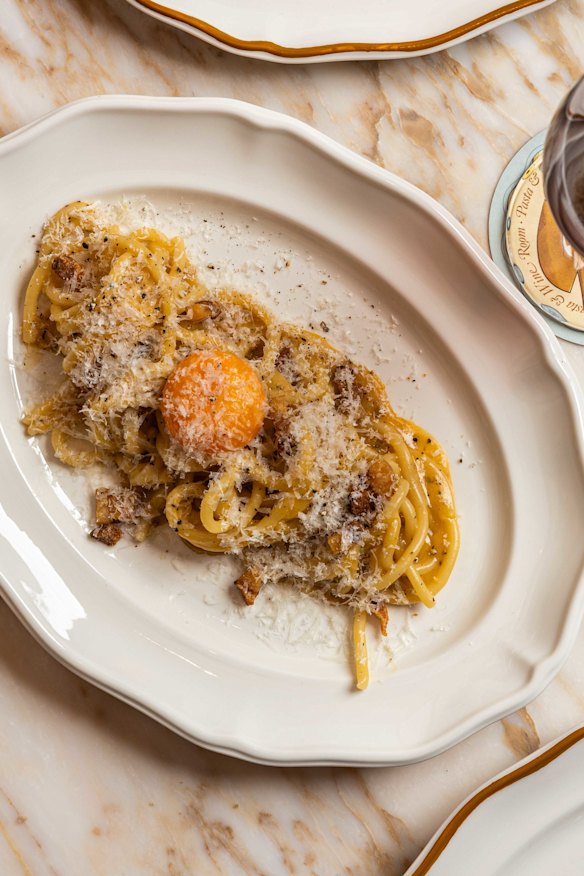 Pici carbonara at Rovollo restaurant in Sydney CBD. 