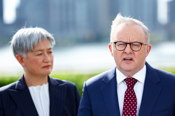 Prime Minister Anthony Albanese and Foreign Minister Penny Wong at a press conference in New York on Australia formally recognising the State of Palestine.