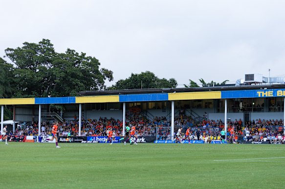 Perry Park’s 1960s-era grandstand packed to the rafters for a recent Brisbane Roar A-League Women match.