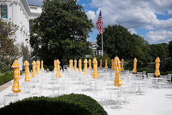 The new “Rose Garden Club” as seen from the Colonnade at the White House this week.