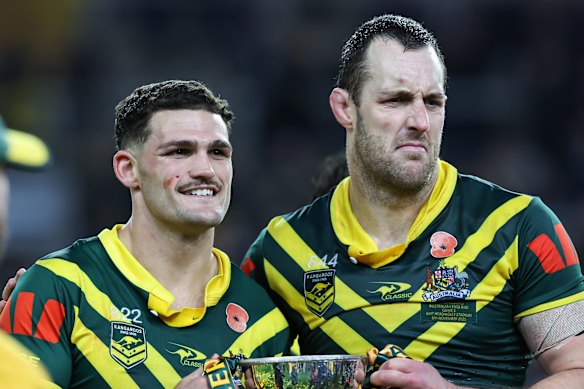 Nathan Cleary and Isaah Yeo celebrate after winning the Ashes in England last year.