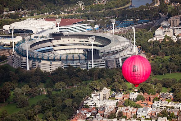 A hot air balloon floats above the MCG on Tuesday to promote the 150th anniversary Test match between Australia and England that will start at the ground one year and one day later.