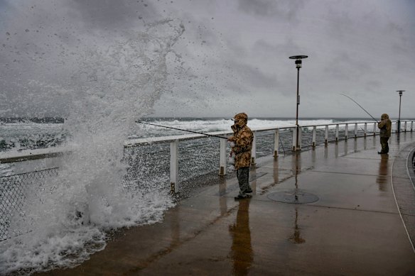 Fishers brave dangerous conditions in Newcastle as the fierce coastal low sets in.