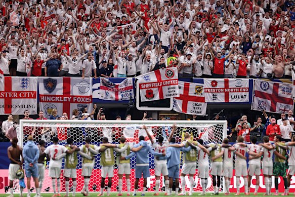 England fans, seen here after their team’s round-of-32 win over DR Congo, have descended on Mexico City.