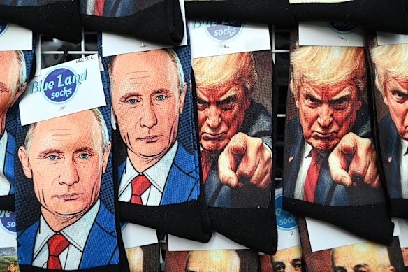 Souvenir Vladimir Putin and Donald Trump socks on sale at a stall in Belgrade, Serbia, site of an abortive Trump hotel development.