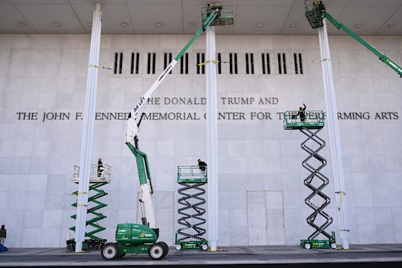Signage for the Donald J. Trump and the John F. Kennedy Memorial Centre for the Performing Arts is unveiled on the Kennedy Centre on Friday in Washington.