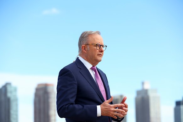 Anthony Albanese outside the UN headquarters in New York on Monday.