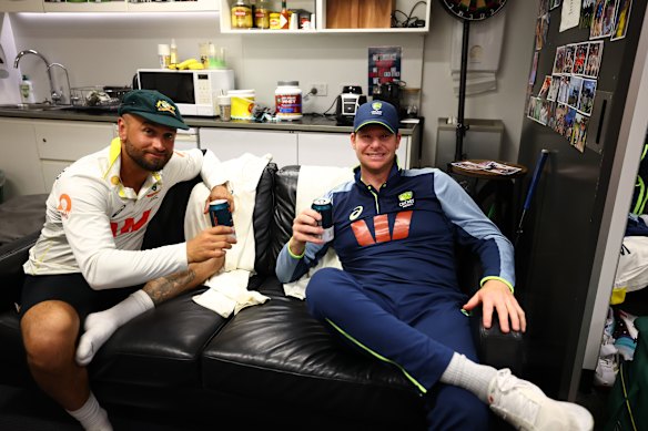 Jake Weatherald and Steve Smith celebrate Australia’s Ashes win. 