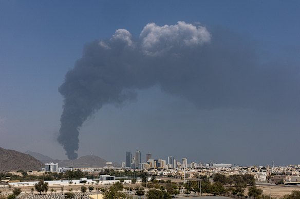 Smoke rises after an explosion in the industrial zone in Fujairah, United Arab Emirates. The Gulf states have denounced Iran’s attacks as “heinous.” 