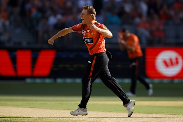 Cooper Connolly celebrates taking a wicket in the Scorchers win in Perth.