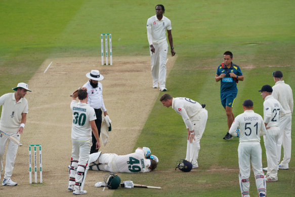 What history? Steve Smith hits the deck at Lord’s after being felled by Jofra Archer in 2019.