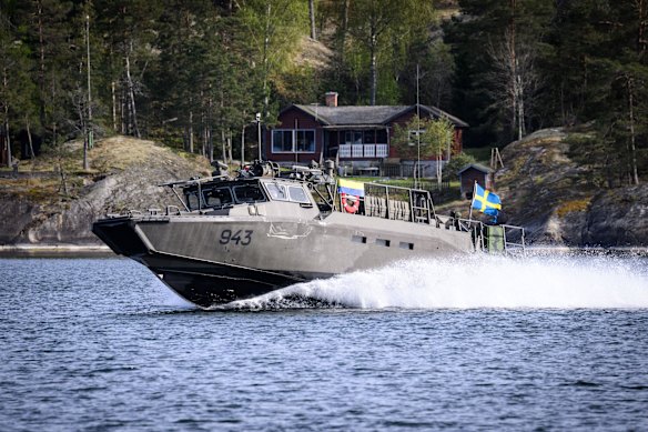 A Swedish Navy patrol boat operates near the base on Musko Island near Stockholm.