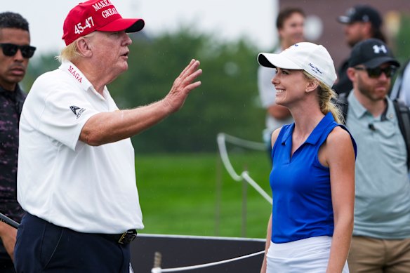 Trump and Harp appear together at a 2023 golf tournament at Trump’s Bedminster Golf Club, where Harp allegedly spent a summer sleeping in a locker room.