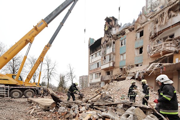 Rescue workers at the site of a strike in Ternopil on November 19.
