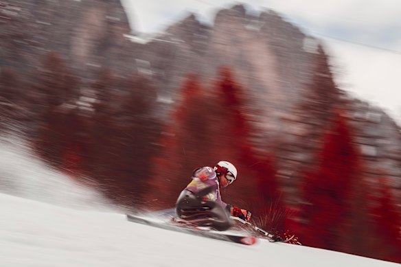 Takeshi Suzuki of Team Japan competes during the Slalom leg of the Para Alpine Skiing Men’s Alpine Combined Sitting on day four of the Milano Cortina 2026 Winter Paralympic Games. (An infrared camera in combination with on-camera filter was used to create this image)