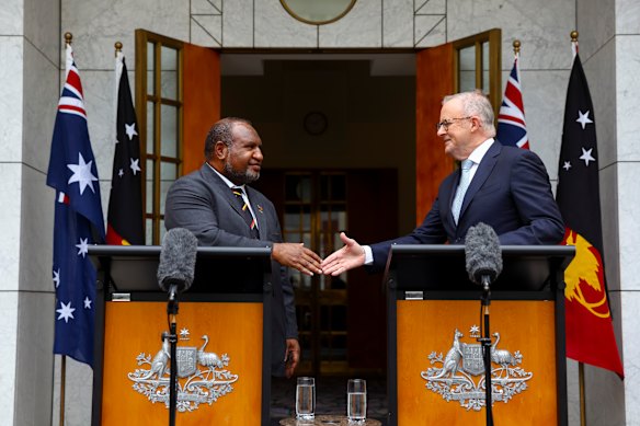 Prime Minister Anthony Albanese and Prime Minister of Papua New Guinea James Marape during a press conference after signing the Pukpuk defence Treaty at Parliament House in Canberra.
