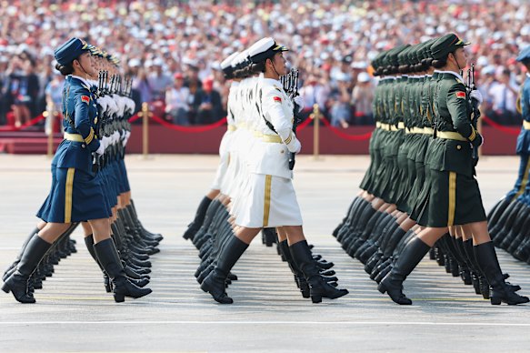 Soldiers march during a military parade marking the 80th anniversary of victory over Japan and the end of World War II.