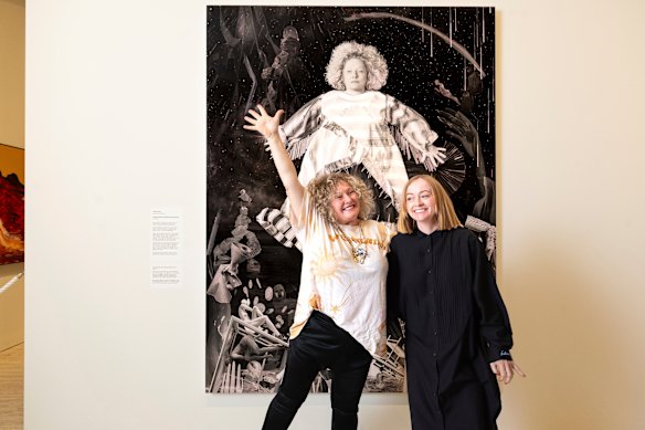 2025 Archibald Prize winner Julie Fragar, right, and her subject Justene Williams at the Art Gallery of NSW on Friday.