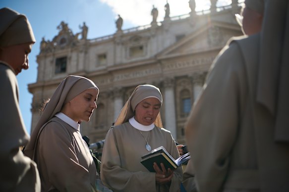 Nuns among the crowd that gathered in celebration as white smoke billowed from the Sistene Chapel’s chimney.