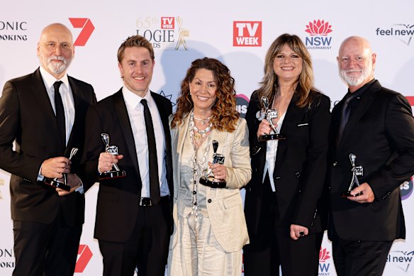Vincent Sheehan, Tom Peterson, Kitty Flanagan, Julia Zemiro and Glenn Butcher after winning the Logie for Best Scripted Comedy Program. 