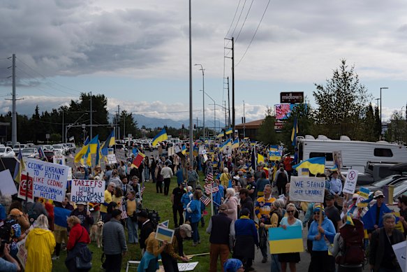 The protest outside a shopping mall in Anchorage on Thursday afternoon, local time.