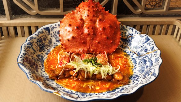 Pan-fried king crab with chewy rice noodles and a beautiful, braided eggplant in a sweet-sour glaze at WING.
