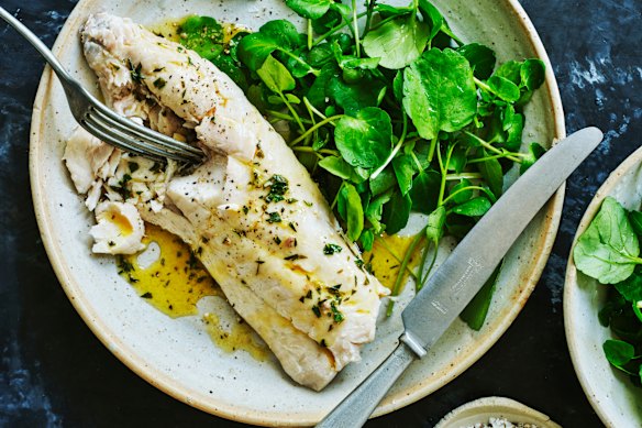 Poached snapper with anchovy parsley butter.