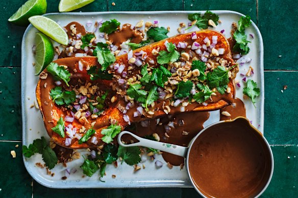 Roast pumpkin with satay sauce.