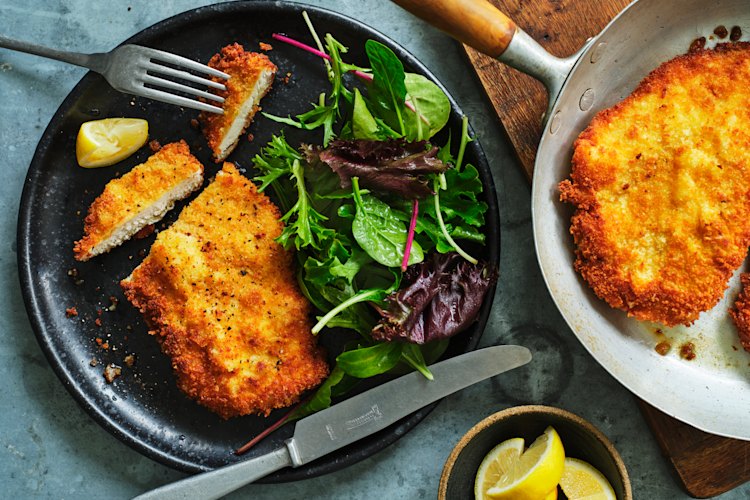 Golden, crunchy chicken cotoletta needs little more than lemon juice and salad greens for company.