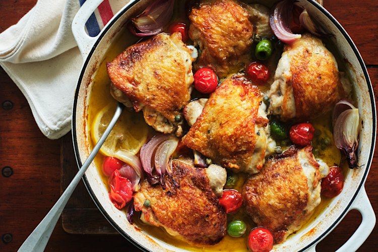 Chicken provencal starts on the stovetop and finishes in the oven.