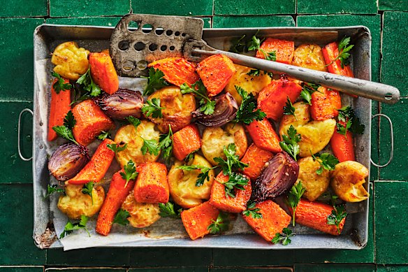 Potato and root vegetable tray bake.