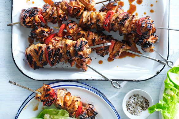 Orange and honey chicken skewers.