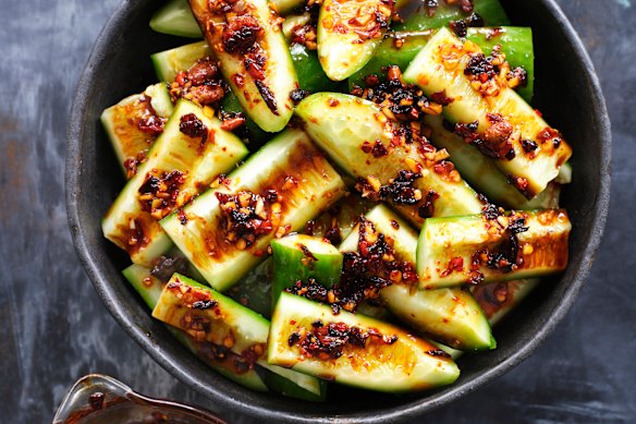 Chilli oil-dressed cucumbers.
