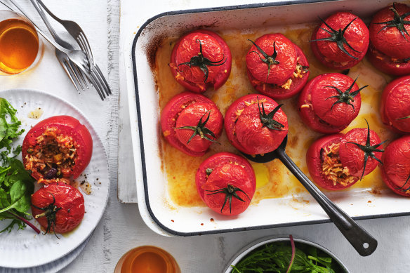 Danielle Alvarez’s puttanesca rice-stuffed tomatoes.