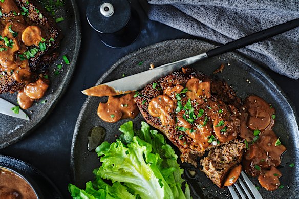 Meatloaf with mushrooms.