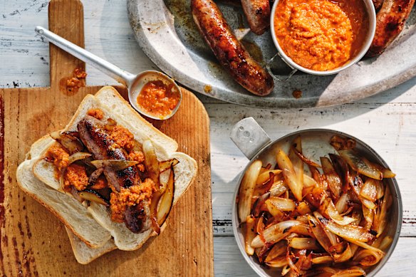 Sausages with barbecue cherry tomato chutney.