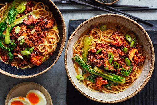 Danielle Alvarez's brothy ramen noodles with spicy-mince stir-fry.