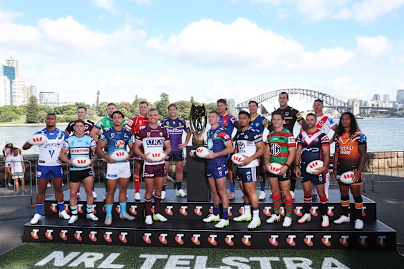  NRL players gather for the season launch at Mrs Macquarie’s Chair on Tuesday.