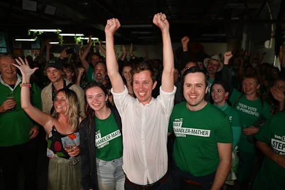 Max Chandler-Mather celebrates his win in Griffith in 2022.