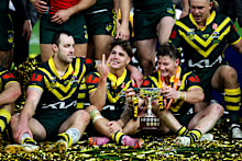 Isaah Yeo, Reece Walsh and Harry Grant of Australia celebrate the Ashes victory.