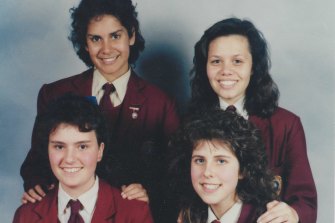 Weldon (pictured back right) with her St Scholastica’s classmates Malarndirri McCarthy (back left) and (front left to right) Gina Ferlazzo and Ana Paola Correia in 1988.
