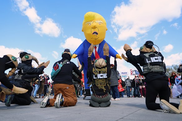 Millions of Americans were expected to take part in the protests. Some wore outfits mocking President Donald Trump or ICE, the immigration enforcement agency.