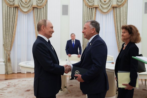 Vladimir Putin with Trump’s special envoy Steve Witkoff after their meeting at the Kremlin.