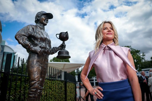 Michelle Payne at the unveiling of her statue at Flemington Racecourse.