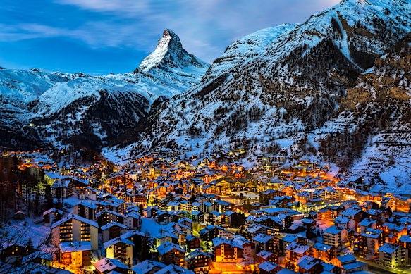 The Zermatt Valley and eponymous resort overlooked by the Matterhorn peak.
